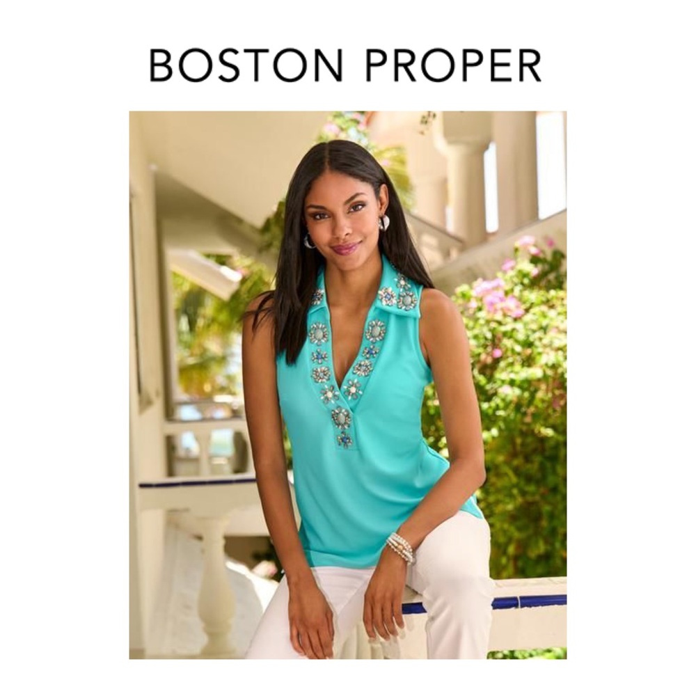 Boston Proper Aqua Jeweled Sleeveless Blouse. Small. NWOT.
